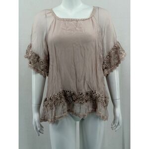 Le Marais Top Womens Large Dusty Rose Pink Silk Crochet Lace Trim Sheer Romantic